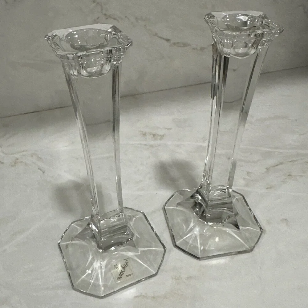 Vintage MCM Mikasa Hyde Park Clear Crystal Art Deco Taper Candle Holders Set 2